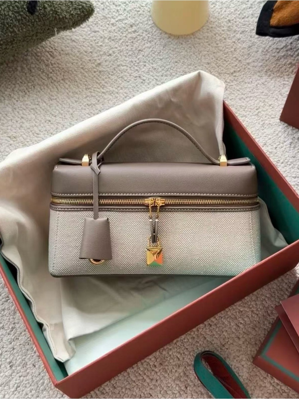 Taupe and Cream Top-Handle Mini Vanity Bag with Gold Hardware - Picture 1 of 6